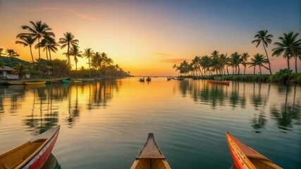 Sustainable marine destinations concept. Scenic view of a tranquil waterway at sunset with boats and palm trees.