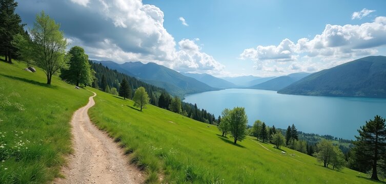 Scenic photo shows the lake among mountains. A dirt road leads into the distance. Green grass and trees are around. The sky is blue with some clouds.