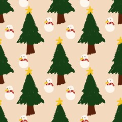 seamless pattern with christmas trees and snowman