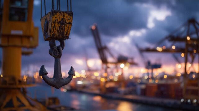95Tight close-up of crane hook and container attachment, dusk colors highlighting textures of metal and paint, silhouettes of other cranes and ships softly out of focus