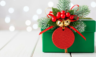 Christmas gift box with decor and a round tag on the background of festive lights. The perfect place for Christmas discounts, Christmas sales, and Black Friday promotions.