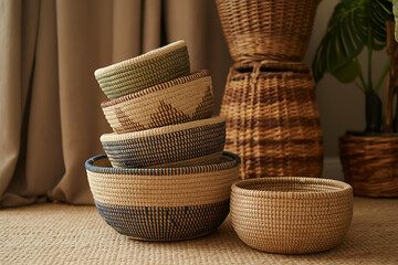 Stack of woven baskets and decorative containers with natural textures and earth tones