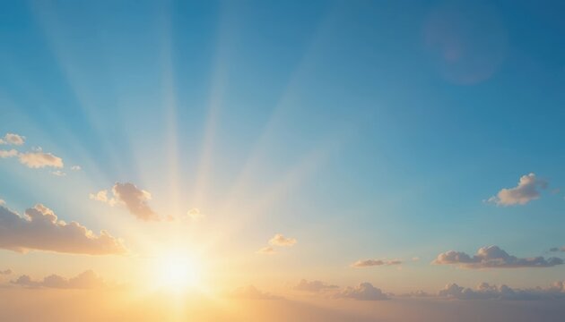 Beautiful sunrise over a clear blue sky with rays shining through clouds Generative AI