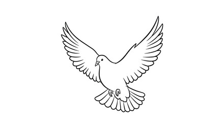 Fototapeta premium A simple black and white line art drawing of a beautiful dove flying with its wings spread wide as a symbol of peace.