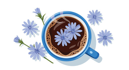 A top view of a hot cup of chicory beverage surrounded by fresh blue chicory flowers for a healthy coffee alternative.
