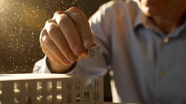 Architect works on small building model in construction office