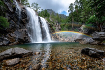 Fototapeta premium Rainbow Waterfall in Pristine Forest Landscape