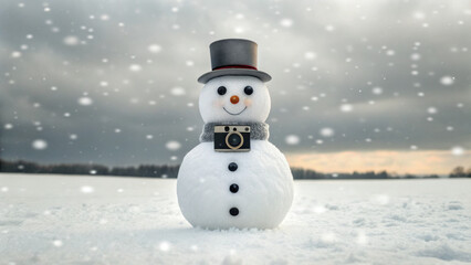 Obraz premium Funny snowman with camera wearing black hat and scarf standing in snowy field during christmas snowfall, joyful winter holiday scene