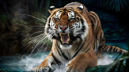 Obraz premium Fierce bengal tiger emerging from dark water with mouth open showing teeth