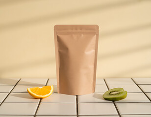 Blank kraft paper pouch packaging with fresh orange slice and kiwi fruit on grid surface