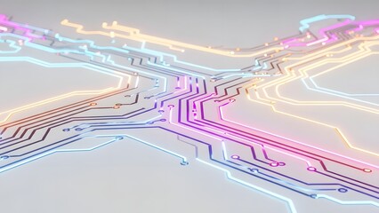 Colorful Futuristic Glowing Circuit Board Network Close-up