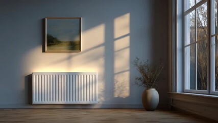 107Electric radiant wall panel emitting soft warm light, minimalist home background symbolizing comfort and efficiency