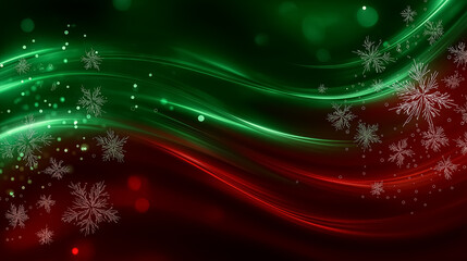Vibrant red and green swirls with white snowflakes form a festive background. Sparkling lights add a joyful holiday touch. Concept of winter celebration, Christmas decorations, seasonal marketing