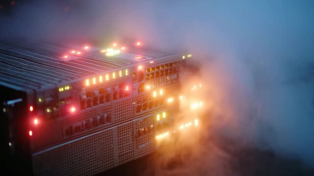 107Close-up of a malfunctioning rack-mounted unit with red error lights blazing, subtle fog in the air amplifying the dramatic glow