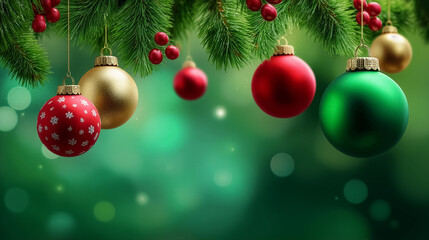Brightly colored Christmas ornaments dangle from lush evergreen branches. Soft blurred background adds festive atmosphere. Concept of holiday decoration, celebration, winter festivities