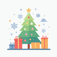 Obraz premium Christmas tree with star and ornaments, surrounded by colorful gift boxes and snowflakes.