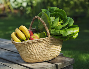 Freshly harvested organic produce in a woven basket on a wooden table outdoors