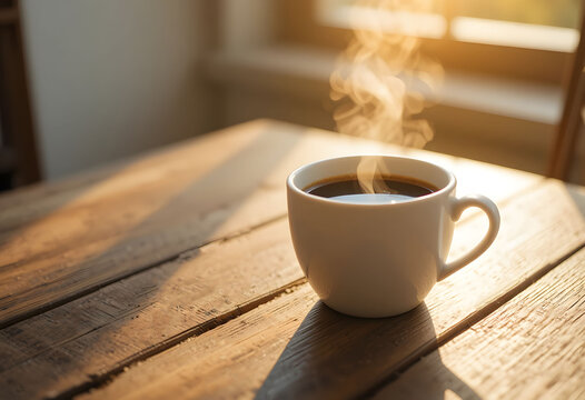 Warm Coffee Cup on a Wooden Table with Soft Morning Light