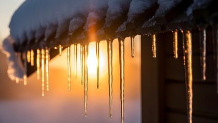 Sunlit Icicles Hanging from Roof in Winter