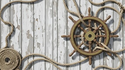 Weathered Wood Planks and Ship’s Wheel with Ropes – Rustic Maritime Texture