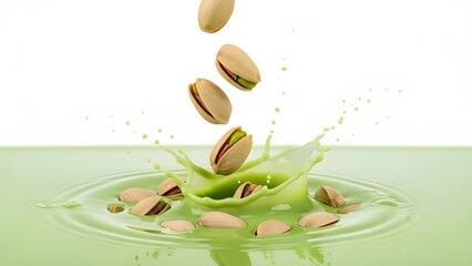 Pistachios Splashing into Creamy Green Pistachio Milk – Plant-Based Nutrition Concept