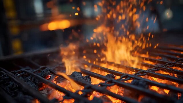 111Macro view of a glowing metal grate inside a solid-fuel boiler, orange embers and rising heat distortions visible