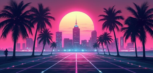 Naklejka premium Vibrant synthwave sunset over Miami skyline with palm trees. Retro cityscape by ocean. Neon lights glow on grid pattern road. Silhouette jogger runs near water.