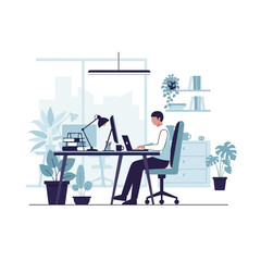 Young man working diligently on a laptop at a modern desk.