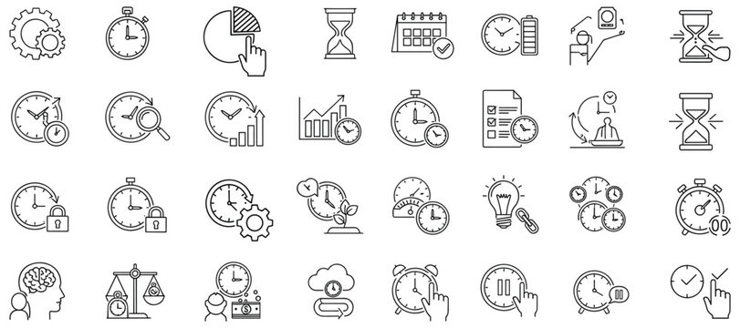 Collection of outline icons representing time management, productivity, and deadlines