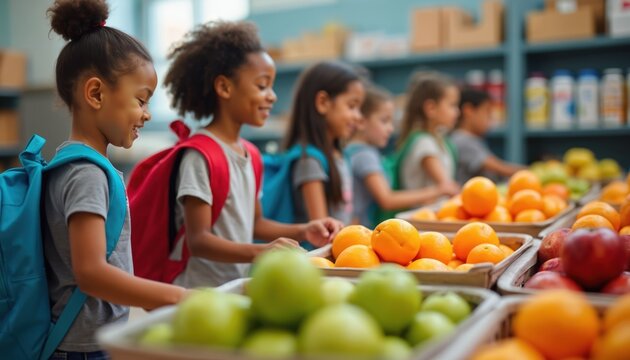 Children with backpacks stand in line in school cafeteria food distribution area. Kids select fresh fruits from containers. Students receive healthy food. Diverse group of young students