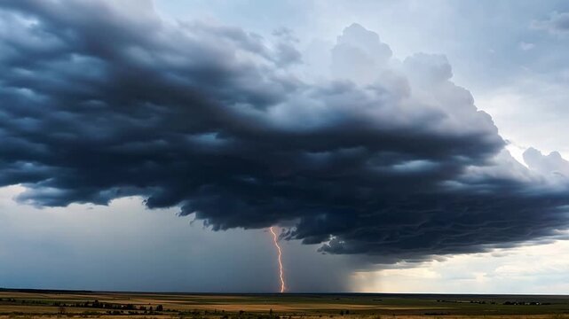 Stormy sky with lightning over fields
