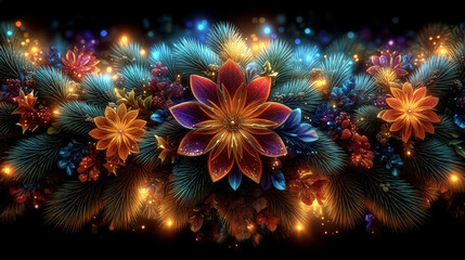 Colorful flowers and pine branches illuminated by bright festive lights. Dark background enhances vivid colors. Concept of holiday decor, seasonal celebration, event planning