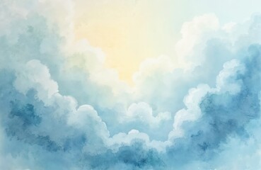 Pastel gradient painting shows cloudy sky. Abstract blue shades merge with soft light. Watercolor paper textures create artistic backdrop for dreamy atmospheric effects. Sky wallpaper perfect for
