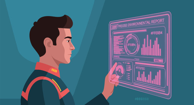 Futuristic man in uniform analyzing an environmental report on a holographic data screen, showcasing advanced technology and data visualization.
