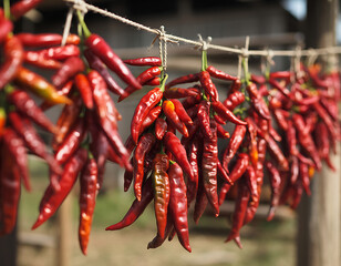 Strings of vibrant red dried chili peppers hanging outdoors for drying in the sun