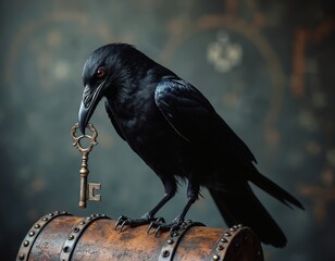 Black raven holds ornate key above antique chest. The bird with red eyes embodies mystery. Photo symbolizes secrets unlocking, access, valuable treasures. Fantasy theme visual represents exclusivity.