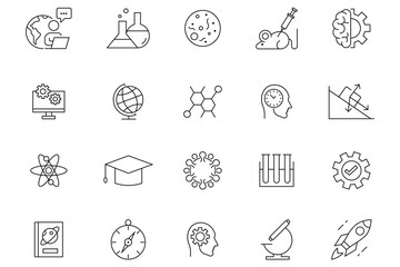 Set of science vector icons in line style. Laboratory equipment icons. School supplies and educational elements. Chemistry, planet, flask, services, layers, sun, science and more. Vector illustration.