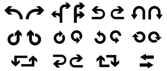 Mega set of direction arrow symbol icons. Circle arrows, rotate arrow, spinning loading symbol. Arrow template set. Driving direction mark, location point crossroad. Vector illustration.