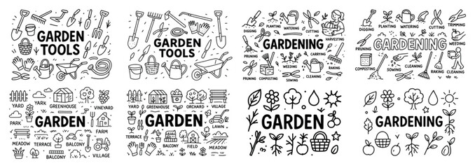 Fototapeta premium Garden tools and activities line art collection