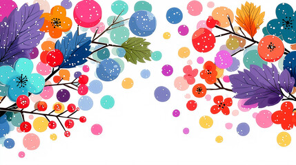 Bright floral arrangement with colorful circles and leaves against a white background. Playful design concept for events, invitations, or home decor