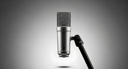 Silver condenser mic shines on gray gradient. Studio lighting. Perfect for product displays, podcast branding, posters.