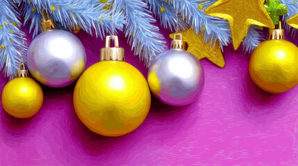 Colorful Christmas ornaments dangle from frosty blue pine branches. Bright pink background enhances festive holiday atmosphere. Concept of holiday celebrations, decoration, gift businesses