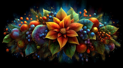 Colorful poinsettia and assorted berries create a rich floral display. Dark backdrop enhances vivid colors, conveying festive spirit. Concept of holiday decor, seasonal celebration, floral design