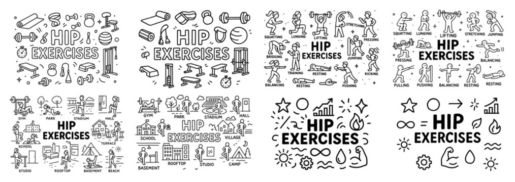 Hip exercises: diverse settings and techniques illustrated