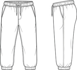 Technical flat sketch of jogger pants with waistband, drawstring, pockets, cuffed hem, construction lines, and garment details