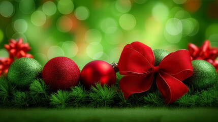 Brightly colored Christmas ornaments and a red ribbon adorn lush green pine branches. Bright bokeh background adds a festive touch. Concept of holiday decor, seasonal celebrations, retail marketing