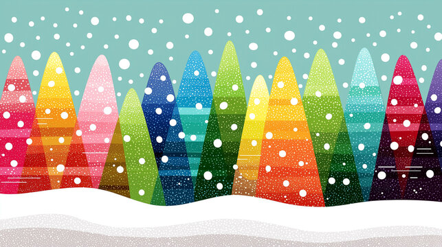 Abstract winter scene featuring colorful trees covered in snow. Bright hues against soft blue sky create a joyful atmosphere. Concept of winter festivities, seasonal events, holiday decorations