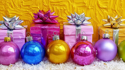 Brightly colored Christmas gifts adorned with shiny bows and festive ornaments. Cheerful setting with vibrant yellow background. Concept of holiday gifts, festive decoration, celebration
