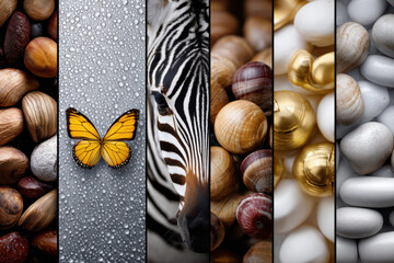 Detailed collage of natural elements featuring stones, shells, a zebra, and a butterfly