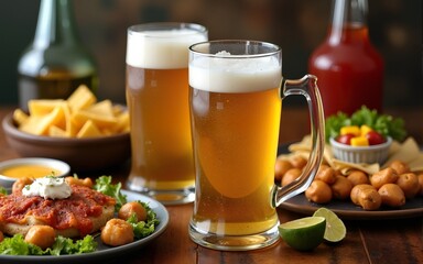 Two mugs of beer surrounded by mexican food and appetizers on wooden table. High quality